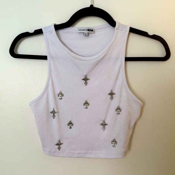 Fashion Nova Tops - Chrome Cross Charm Tank Top in White | Edgy embellished crop tank top